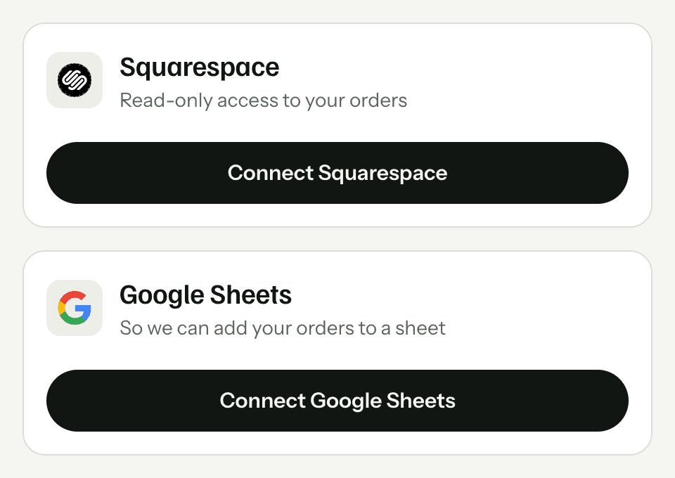 SuperJack's Connect your store and your sheets screen, with a Connect button on the Squarespace card and on the Google Sheets card