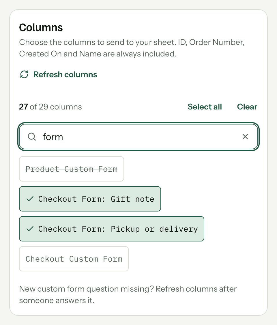 The Columns card filtered by the word form: Product Custom Form and Checkout Custom Form are unticked, the two Checkout Form columns are ticked