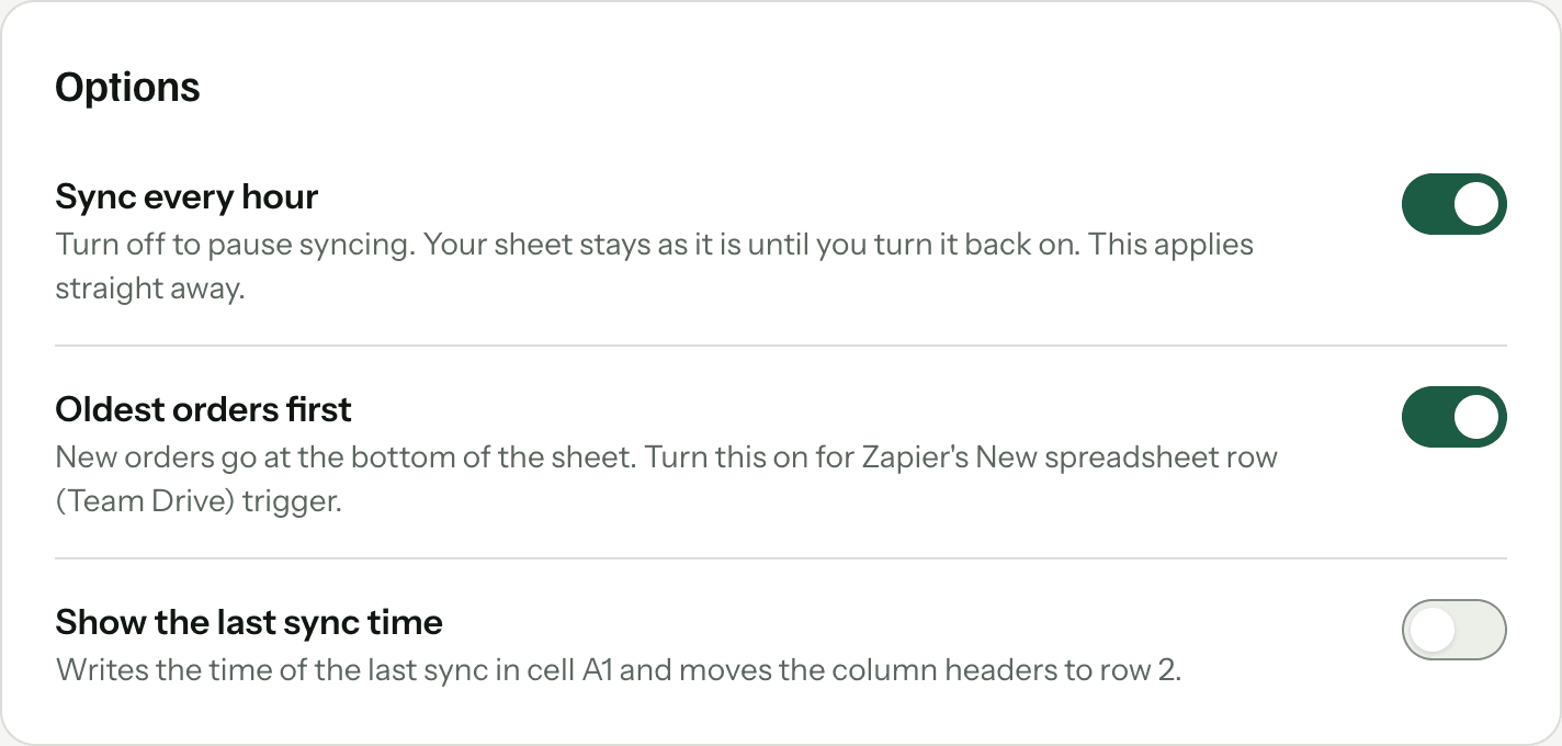 The Options card in the SuperJack workflow editor, with Sync every hour on, Oldest orders first on, and Show the last sync time off.