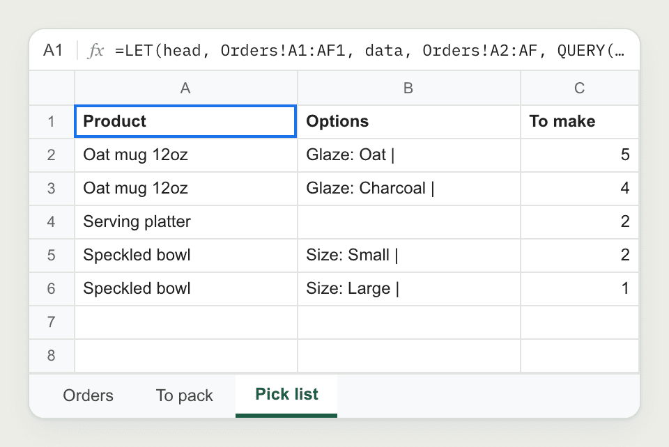 The Pick list sheet: Oat mug 12oz with Glaze Oat 5, Glaze Charcoal 4, Serving platter 2, Speckled bowl Small 2 and Large 1