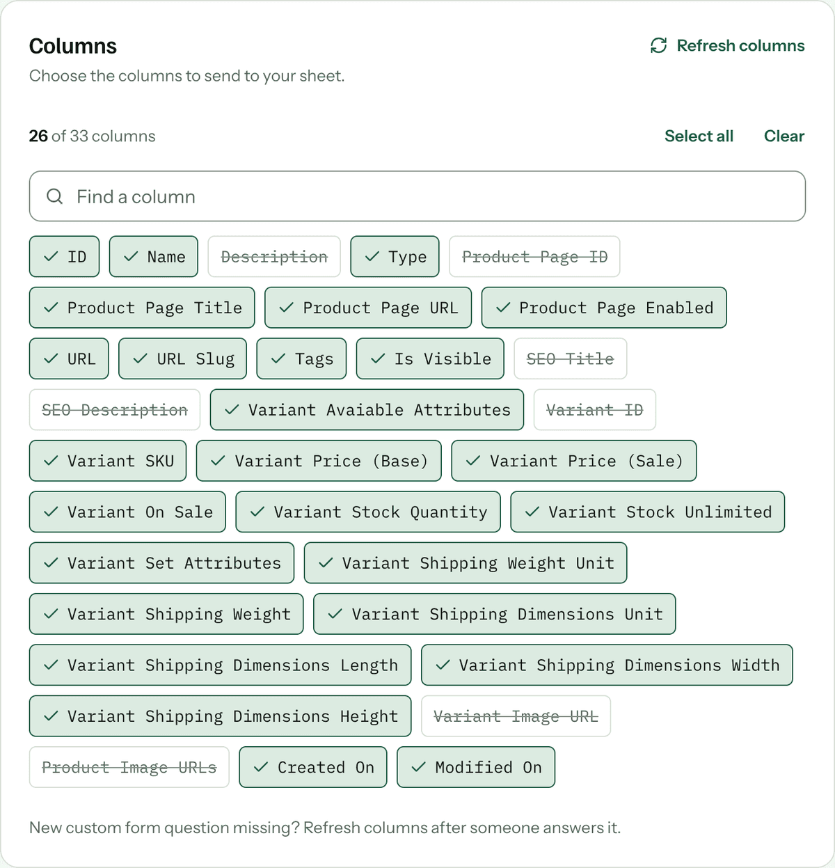 The column picker for a products workflow, listing columns such as Variant SKU, Variant Stock Quantity and Variant Stock Unlimited