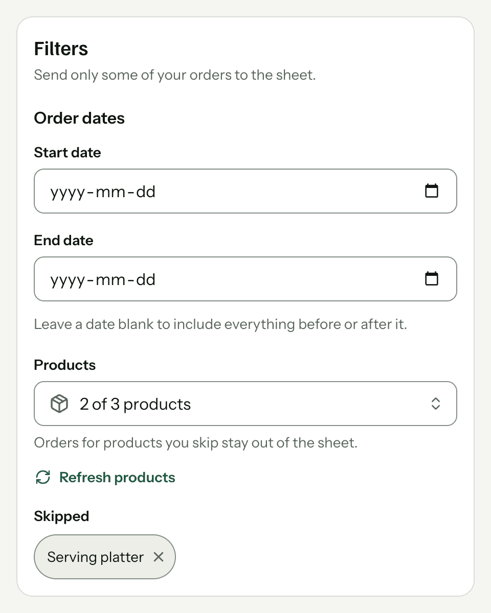 The Filters card with Products set to 2 of 3 products and Serving platter listed under Skipped
