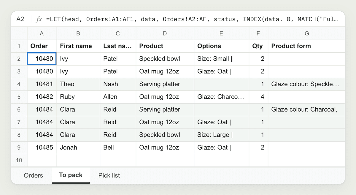 The To pack sheet: pending orders 10480 to 10485, one row per item, with product, options, quantity and product form answers